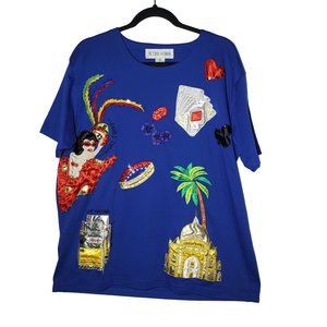 Victoria Woman Las Vegas Embroidered Beaded Short Sleeve Blue Shirt Plus Size 1X